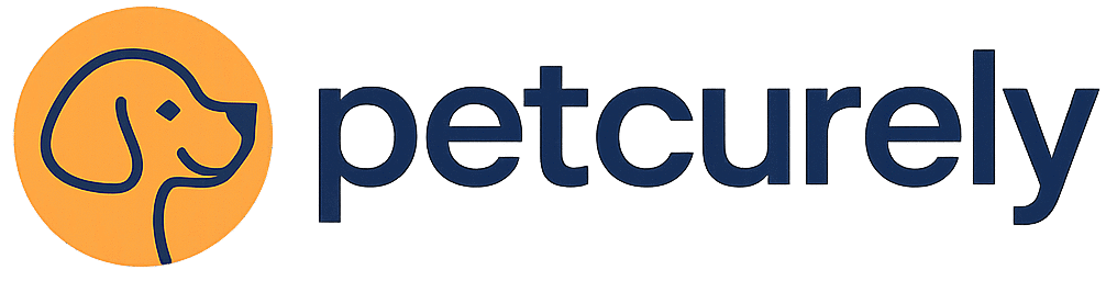 Logo of the global pet care brand "Petcurely" featuring bold text and a unique graphic element symbolizing care and trust for dogs.